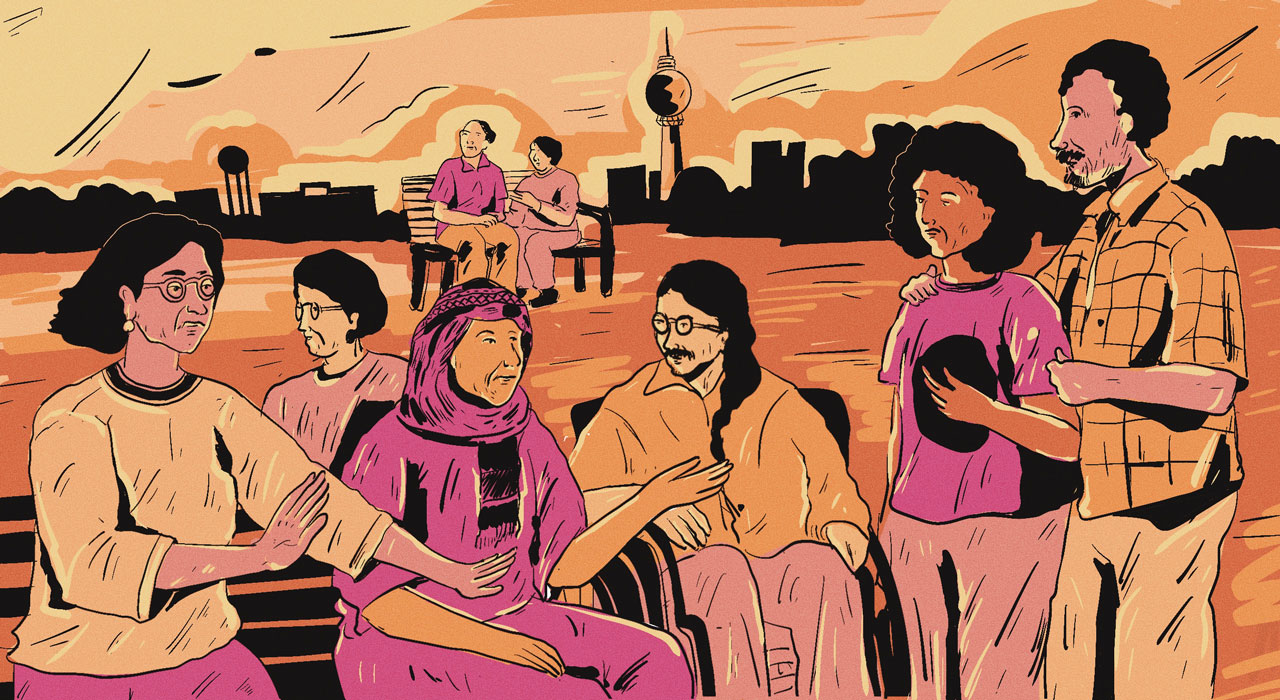 Illustration of several people talking to each other. The Berlin television tower can be seen in the background.